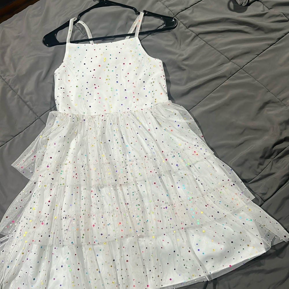 White with multicolored polka dot dress girls .